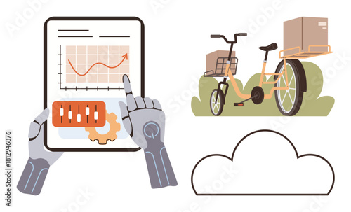 Robot hands analyzing delivery data on tablet, cargo bike with boxes, cloud icon. Ideal for automation, logistics, efficiency, IoT, AI sustainability smart technology. Simple flat metaphor