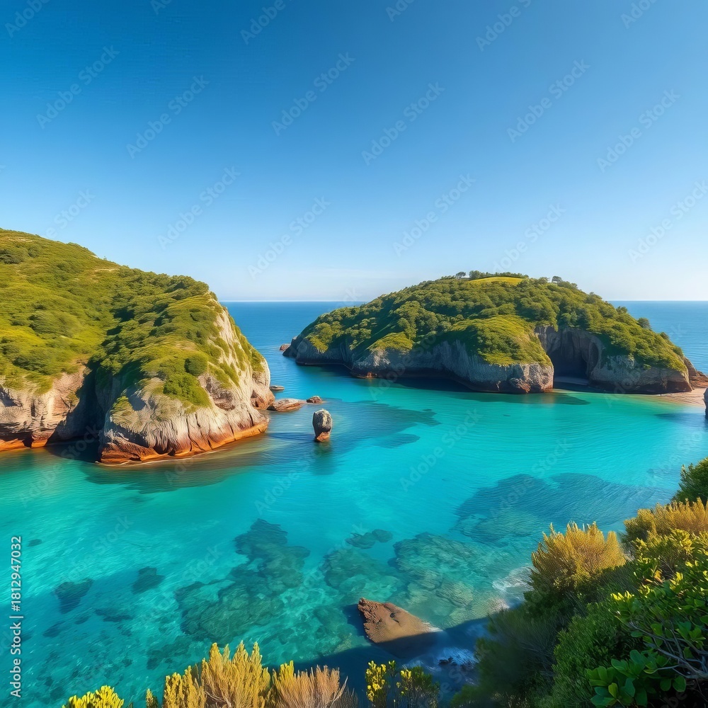 Fototapeta premium Lush green cliffs meet a secluded cove with crystal clear water, cliff, tropical