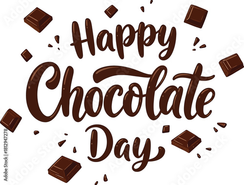 Happy Chocolate Day text with falling chocolate squares and splatters sweet