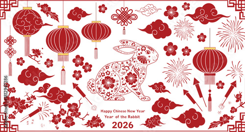 Happy Chinese New Year 2026 Year of the Rabbit with traditional decorations and fireworks Keywords: chinese new year, year of the rabbit, 2026, rabbit