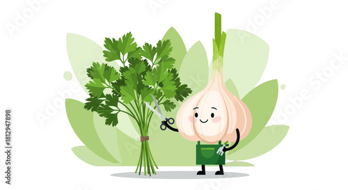 A Smiling Cartoon Garlic Character Trimming Parsley with Scissors In A Stylized Scene