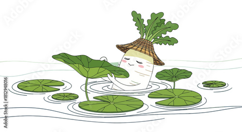 A Whimsical Radish Embraces a Lily Pad on a Tranquil Pond at Night