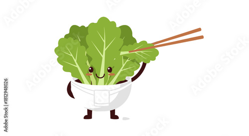A Smiling Cartoon Lettuce With Chopsticks Enjoying Food From A White Bowl
