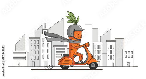 A Smiling Carrot Riding a Scooter Through City Delivering Joy and Flavor