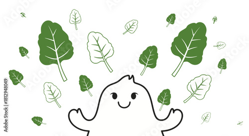 A Smiling Creature, Surrounded by Falling, Delightful, Green Spinach Leaves Art