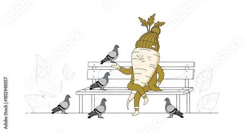 A Whimsical Root Vegetable Character Enjoys Time With Pigeons on a Bench