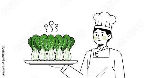 A Smiling Chef Presenting Bok Choy on a Plate Offering Fresh Ingredients for Culinary Delights