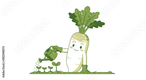 A Smiling Daikon Character Watering Sprouting Plants in a Detailed Illustration
