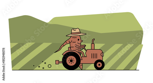 A Whimsical Root Vegetable Farmer Driving A Vintage Tractor In A Lush Landscape