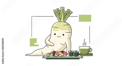 A Smiling Daikon Radish Cartoon Enjoys a Meal of Sushi and Matcha in a Minimalist Style