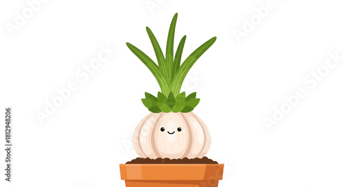A Smiling Garlic Plant Growing In A Simple Pot Depicting Vibrant Growth And Freshness
