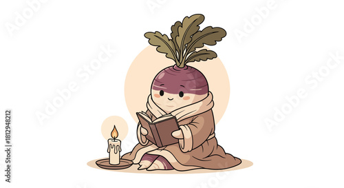 A Whimsical Turnip Character Reading Beside a Candle in Creative Cartoon Illustration