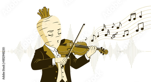A Whimsical Vegetable Character Plays Violin, Generating Melodious Sound Waves
