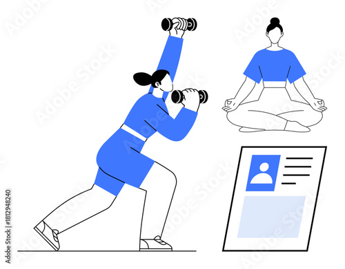 Fitness concept. Fitness activities include weightlifting and yoga for overall health. Fitness tracking with a personal profile helps balance mental and physical wellness. For health apps, wellness