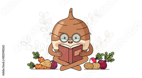 A Whimsical Vegetable Character Reading a Book Surrounded by Fresh Produce