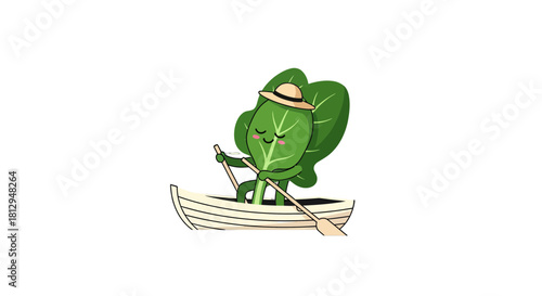 A Smiling Leafy Vegetable Rowing a Boat on an Endless Dark Background