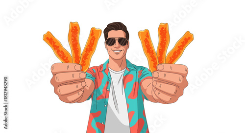 A Smiling Man Is Holding Orange Crispy Snacks on a Dark Background
