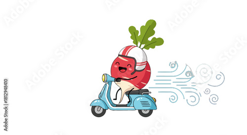 A Smiling Radish Character Zipping Along On A Motor Scooter, Delivering Joy and Speed