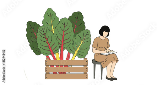 A Woman Jotting Notes Beside Freshly Grown Swiss Chard in a Wooden Planter