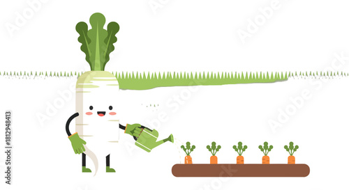 A Smiling Radish Waters Carrots in a Garden Depicting a Whimsical Illustration