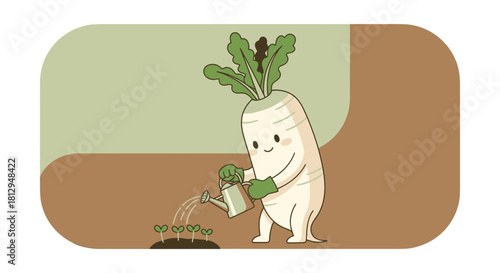 A Smiling Radish Waters New Sprouts in a Whimsical Garden Scene with a Watering Can
