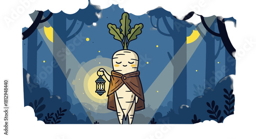 A Smiling Root Vegetable Character Illuminates A Forest On A Cloudy Night