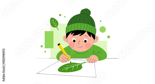 A Young Artist Intently Draws a Leaf, Focusing on Botanical Illustration