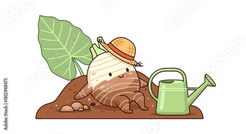 A Smiling Root Vegetable Poses Beside a Watering Can In a Gardening Scene