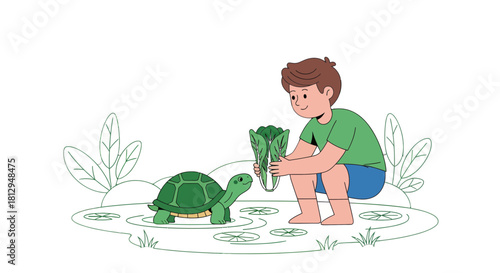 A Young Boy Feeding a Friendly Turtle Fresh Greens in a Peaceful Pond Setting