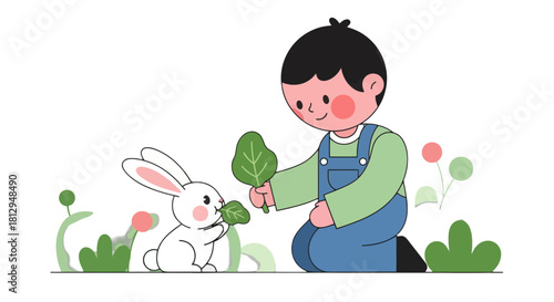 A Young Boy Feeding a Rabbit in a Lush Garden with Leafy Greens