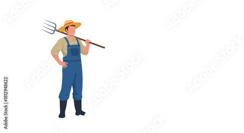 A Standing Farmer in Work Attire Holding a Pitchfork on a Minimalist Black Backdrop