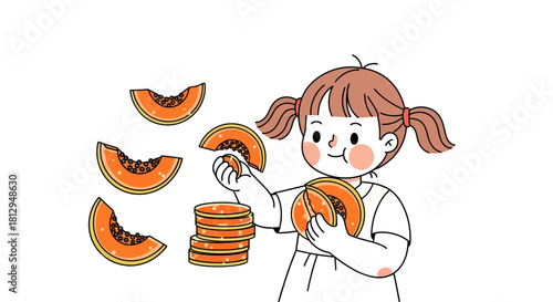 A Young Girl Happily Eats Fresh Slices Of Orange Papaya Fruits In This Illustration