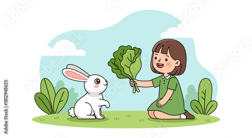 A Young Girl Happily Feeding a White Bunny, Sharing Fresh Vegetables, Together Outside