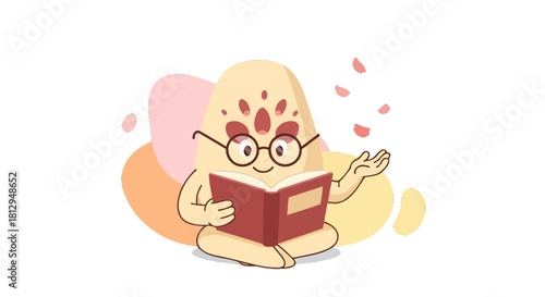 A Studious Creature Reading Book While Surrounded by Artistic Abstract Shapes and Petals