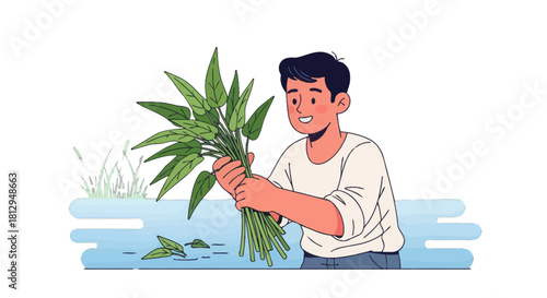 A Young Man Holds Freshly Harvested Aquatic Produce With Cheerful Expression