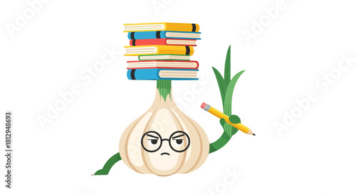 A Studious Garlic Character Holding Books and Pencil On Black Background