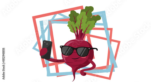 A Trendy Beetroot Taking A Selfie Photo, Inside Geometrical Colorful Frames