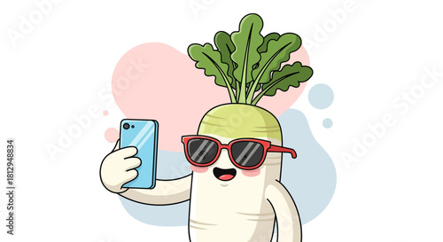 A Trendy Radish Character Takes a Selfie with Sunglasses and a Smartphone in a Black Backdrop