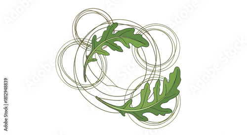 Abstract Arugula Leaves and Swirling Lines On Black Background Minimalist Illustration