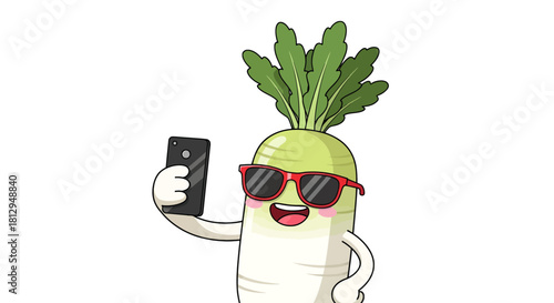 A Trendy Radish Taking a Selfie, Smiling With Sunglasses On Black Background