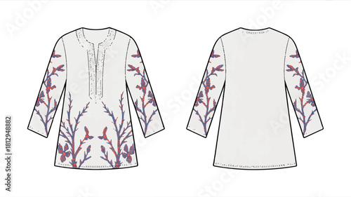 Technical fashion illustration showcasing garment design with detailed specifications and color palettes