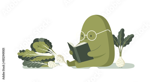 A Whimsical Bean Character Reading, Surrounded by Fresh Vegetables, in Black Backdrop