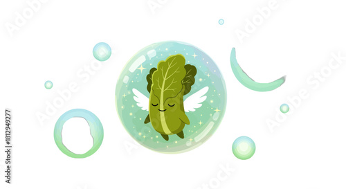 A Whimsical Cartoon Lettuce with Angel Wings Floating in a Gentle, Glowing Bubble