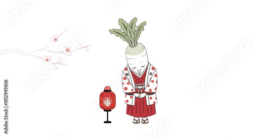A Whimsical Illustration Depicting a Daikon Radish in Japanese Traditional Dress