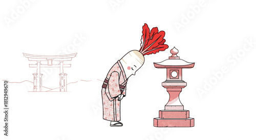 A Whimsical Illustration Depicting a Japanese Turnip Person Bowing Before a Lantern at Night