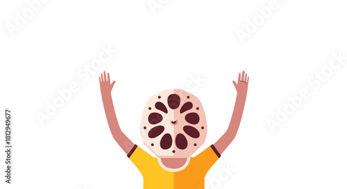 Abstract Person Raising Arms with Lotus Root Face on Black Background Design