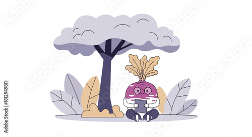 A Whimsical Illustration Of A Vegetable Character Reading Under A Tree On a Black Backdrop