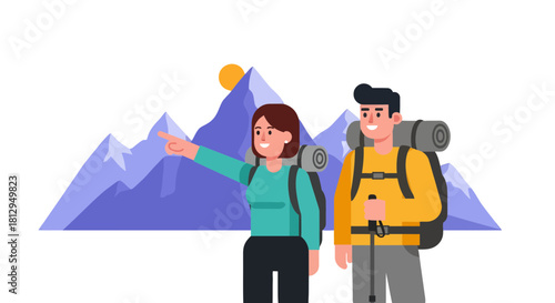 Adventure Seeker Exploring Mountain Range: Vector Illustration Of Couple Trekking In Outdoors