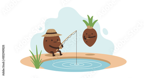 A Whimsical Illustration Of Two Funny Fruit Fishing, Cute Characters, Enjoying Nature