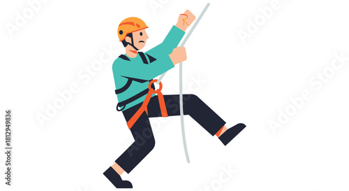 Adventurer Ascending A Rope With Safety Equipment Ready For Great Climbing